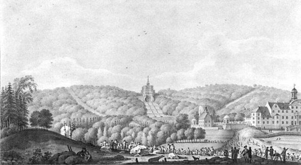 Der Herkules als Krone des Bergparks Wilhelmshhe. Zeichnung aus dem Jahr 1786 von Johann Heinrich Mntz (vorne mit Schlo Weienstein und der Moschee)