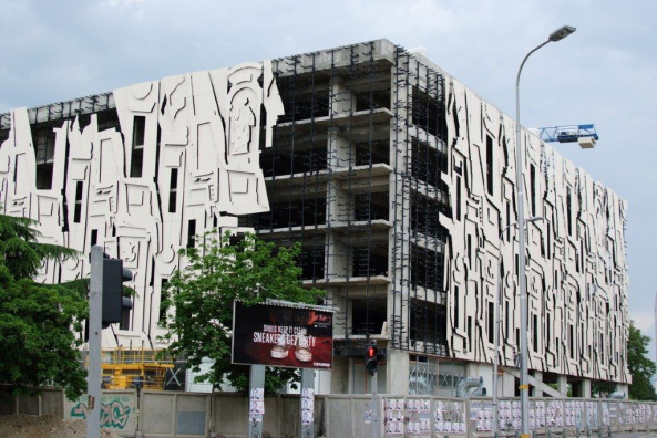 Parkhaus in Skopje, Barockgarage, Popelka Poduschka Architekten PPAG (Wien) und Goricanka Architects (Skopje), Milan Mijalkovic, Skopje 2014, Fassade, Kenzo Tange