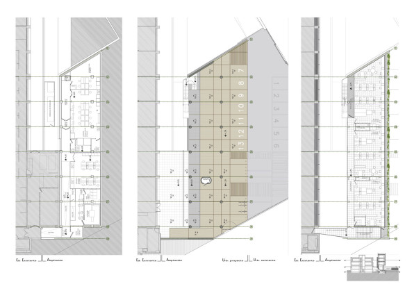 Miguel Martínez Monedero, Beton, Sichtbeton, María de Lara Ruiz, Universidad de Granada, Ampliación del Centro de Investigaciones Biomédicas, CIBM, Labor, Laborgebude, Erweiterung, Anbau, Begrnte Fassade, Fassadenbegrnung