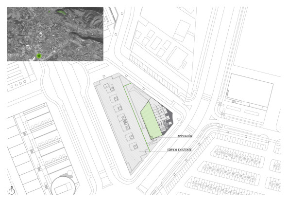 Miguel Martínez Monedero, Beton, Sichtbeton, María de Lara Ruiz, Universidad de Granada, Ampliación del Centro de Investigaciones Biomédicas, CIBM, Labor, Laborgebude, Erweiterung, Anbau, Begrnte Fassade, Fassadenbegrnung
