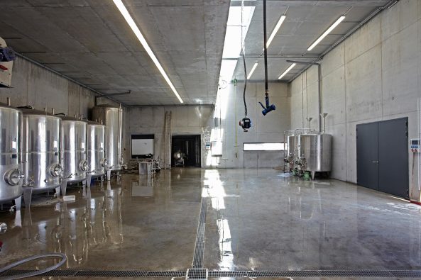 er in Kelterhalle aus Leichtbeton, Weingut Bietighfer, Billigheim-Ingenheim, burkhard architekten, Landau, Pfalz, Wein und Architektur, Winzer Stefan Bietighfer, Beton, Cortenstahl, Weingut LoimLangenlois, Architekt Felix Burkhard, Kelterhalle, Klotz, Kubus, Sichtbeton