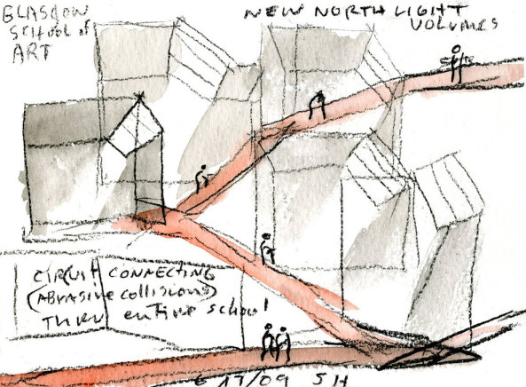 Steven Holl Architects, Glasgow, Mackintosh Building, Glasgow School of Art (GSA), Charles Rennie Mackintosh, Neubau, JM Architects (Glasgow), Arup, Scottish Funding Council, Mackintosh, Reid Buidling, voids of light, Atelier, Neubau Kunsthochschule, Beton, Glas, Licht, Fassade, Erweiterungsbau, Design in Glasgow studieren, Uni, Glasgow School of Art