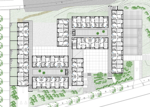 Altenheim, Girona, Calle Francesc Ferrer i Girons, Arcadi Pla arquitectes, Catal Edifici d'Habitatges per a majors de 65 anys a Girona, Puig d'en Roca, Altenpflegeheim, Seniorenresidenz, Spanien, Ausblick, Laubengang