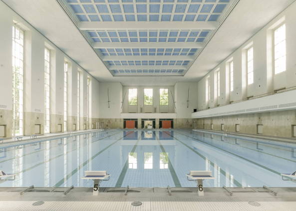 Schwimmhalle Finckensteinallee, Berlin, Veauthier Meyer Architekten, Sanierung, Sportbad, swimming pool, Schwimmhalle, Bder-Sanierungsprogramm, Umweltentlastungsprogramm, energetische Sanierung, denkmalgerechte Sanierung, Denkmal, Dachkonstruktion, Glasdeckenkonstruktion