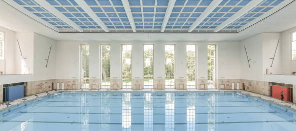 Schwimmhalle Finckensteinallee, Berlin, Veauthier Meyer Architekten, Sanierung, Sportbad, swimming pool, Schwimmhalle, Bder-Sanierungsprogramm, Umweltentlastungsprogramm, energetische Sanierung, denkmalgerechte Sanierung, Denkmal, Dachkonstruktion, Glasdeckenkonstruktion