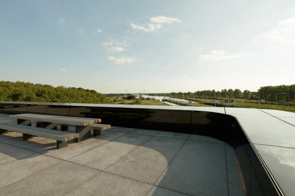Schiffahrtsamt, Verkehrsbau, Wiel Arets, Jan Bitter, Bettina Kraus, Jan Bitter, Brogebude, Glasfassade, Schleuse, Schiff, Julius Klatte, Harold Hermans, Rob Willemse, Office, Maasbracht, Regiocentrale Zuid, Dutch, Belgian, Niederlande, Belgien, headquarters, water traffic control, Wasserwege, Kanal, Bassin, Wasserbassin, Netherlands, Rijkswaterstaat, Aussicht, Wasserlandschaft