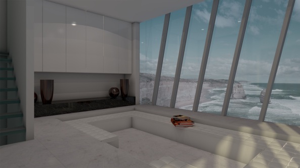 Modscape, Cliff House, Victoria, Indian Ocean, indischer Ozean, Wochenendhaus, Ferienhaus, James Bond, Glas, Hängepartie, Suspension, Stahl, Konzept, Rendering, Plan, Idee, Mini, Werbung