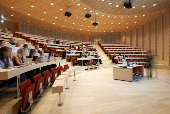 SDU Kolding, Universit�t, Henning Larsen, D�nemark, Dreieck, Denmark, university, triangle, Bildungseinrichtung, Campus Kolding, Fassade, facade, Farbe, Sonnenschutz, Atrium, Treppe, stairs, Kanten, perforierter Stahl, Stahl, steel