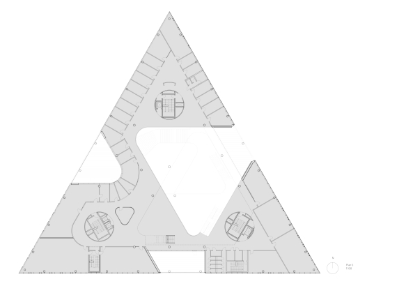 SDU Kolding, Universitt, Henning Larsen, Dnemark, Dreieck, Denmark, university, triangle, Bildungseinrichtung, Campus Kolding, Fassade, facade, Farbe, Sonnenschutz, Atrium, Treppe, stairs, Kanten, perforierter Stahl, Stahl, steel
