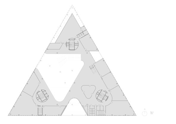 SDU Kolding, Universit�t, Henning Larsen, D�nemark, Dreieck, Denmark, university, triangle, Bildungseinrichtung, Campus Kolding, Fassade, facade, Farbe, Sonnenschutz, Atrium, Treppe, stairs, Kanten, perforierter Stahl, Stahl, steel