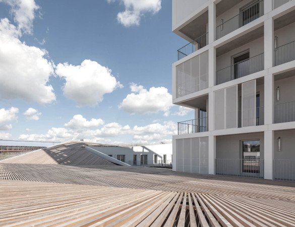 Nantes, Frankreich, social housing units, Antonini Darmon Architects, sozialer Wohnungsbau, Wohnungen, Fassade, Gewerbe, Gesch�fte, Beton, Betonfertigteile, concrete, precast concrete, Holz, Stahl, wood, steel