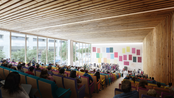 Sn�hetta, Calgary's New Central Library, Bibliothek, library, Kanada, Canada, Wettbewerb, competition, Terrassen,  Light Rail Transit Line, Holz, Bogen, Tor, Eingangssituation, Transparenz, Fassade, facade, Glas, glass, Landschaftsdesign, landscape design