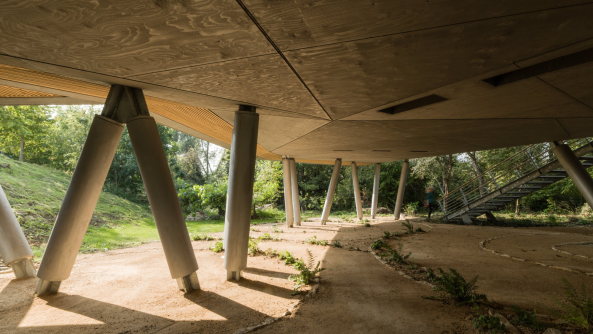 Maggies Centre, Wilkinson Eyre Architects, Charles Jencks, Maggie Keswick Jencks Cancer Caring Trust, OMA, Foster, Carmody Groarke, Krebszentrum, Krebshilfezentrum, Patientenzentrum, Angehrigenzentrum, Krebserkrankung, Baumhaus, schwebend, Sttzen, Oxford, Churchill Hospital