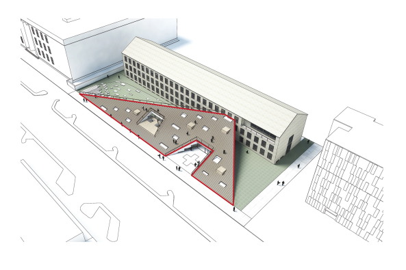 Cobe, Danish Red Cross, Rotes Kreuz, Dnemark, Kopenhagen, Zeigel, gelb, Dachlandschaft, Begegnungszentrum, Freiwilligenzentrum, Volunteer House, A. P. Mller Foundation, PK3 landscape architects, Sren Jensen engineers, Ebene, Treppe, Vorbau, Pavillon, Erweiterung, Copenhagen, Denmark, Neubau, Backstein