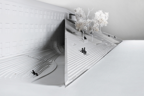 Cobe, Danish Red Cross, Rotes Kreuz, Dnemark, Kopenhagen, Zeigel, gelb, Dachlandschaft, Begegnungszentrum, Freiwilligenzentrum, Volunteer House, A. P. Mller Foundation, PK3 landscape architects, Sren Jensen engineers, Ebene, Treppe, Vorbau, Pavillon, Erweiterung, Copenhagen, Denmark, Neubau, Backstein