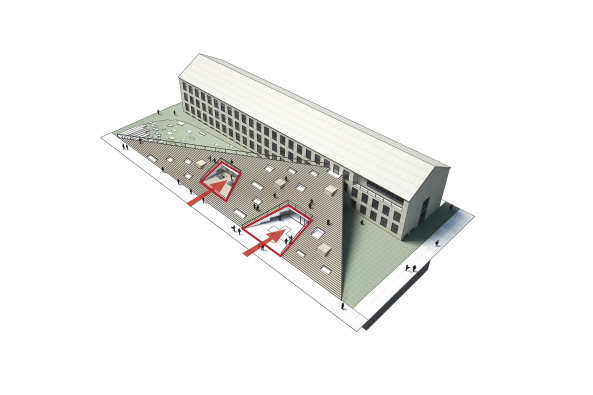 Cobe, Danish Red Cross, Rotes Kreuz, Dnemark, Kopenhagen, Zeigel, gelb, Dachlandschaft, Begegnungszentrum, Freiwilligenzentrum, Volunteer House, A. P. Mller Foundation, PK3 landscape architects, Sren Jensen engineers, Ebene, Treppe, Vorbau, Pavillon, Erweiterung, Copenhagen, Denmark, Neubau, Backstein