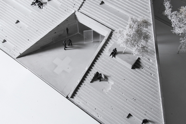 Cobe, Danish Red Cross, Rotes Kreuz, Dnemark, Kopenhagen, Zeigel, gelb, Dachlandschaft, Begegnungszentrum, Freiwilligenzentrum, Volunteer House, A. P. Mller Foundation, PK3 landscape architects, Sren Jensen engineers, Ebene, Treppe, Vorbau, Pavillon, Erweiterung, Copenhagen, Denmark, Neubau, Backstein