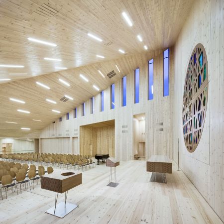 Kirche, church, Knarvik, Norwegen, Community Church Knarvik, Reiulf Ramstad Arkitekter, Kulturort, culture, Kapelle, chapel, Glas, glass, Holz, wood, Kiefer, pine