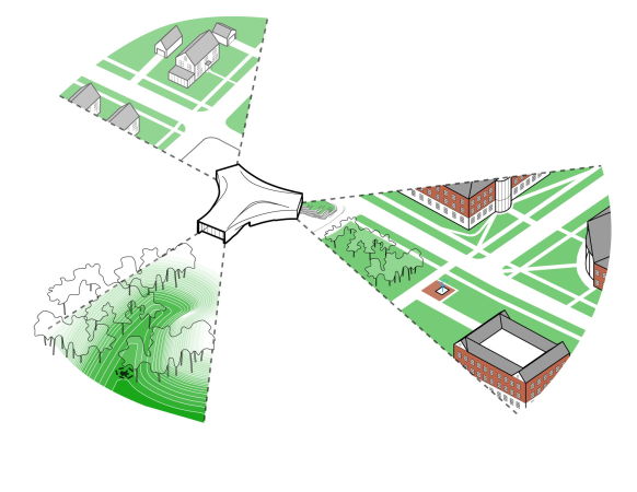 Arcus Center for Social Justice Leadership, Studio Gang, Kalamazoo, USA, Michigan, Amerika, Kalamazoo College, soziale Gerechtigkeit, Menschenrechte, Lernzentrum, meeting space, Studenten, ffentliche Debatte, Wohnzimmer, Campus, Park, tri-axial plan, Fassade, facade, Glas, glass, Bogen, Holz, wood, Holzgemuer, wood masonry