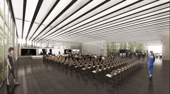 COBE, Wettbewerb, Adidas, Herzogenaurach, flagship building, Meet and Eat, Konferenzzentrum, conference center, restaurant, showroom, World of Sports, competition, Knippers Helbig Transsolar, Dachkonstruktion, Dach, Fassade, glass, Glas, Garten, garden