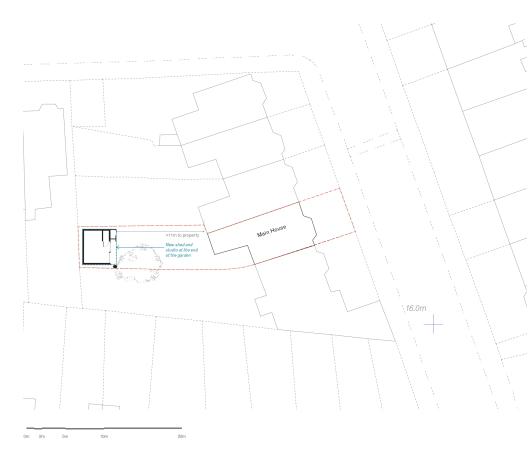 Writer's Shed, Shed, WSD Architecture, London, Hackney, Arbeitsraum, Studio, H�tte, B�cher, Garten, garden, Holz, wood, Zedern, Fassade, facade, shingle, Schindeln, Glas, glass, Pinien, pine, concrete, Beton, Ofen, stove, Satteldach, pitched roof