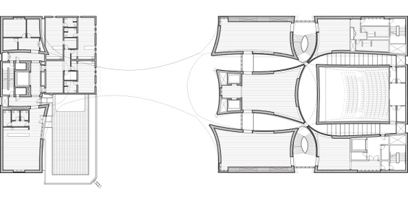 National Music Centre of Canada, NMC, Kanada, Canada, Calgary, Allied Works, Musik, Kultureinrichtung, Kultur, Museum, Konzerthalle, Aufnahmestudio, Rundfunk, museum, performance hall, broadast center, music education, Musikerziehung, King Eddy Hotel, Turm, tower, terra cota, Kurve, curve, Licht, Klang, Akustik, acoustics