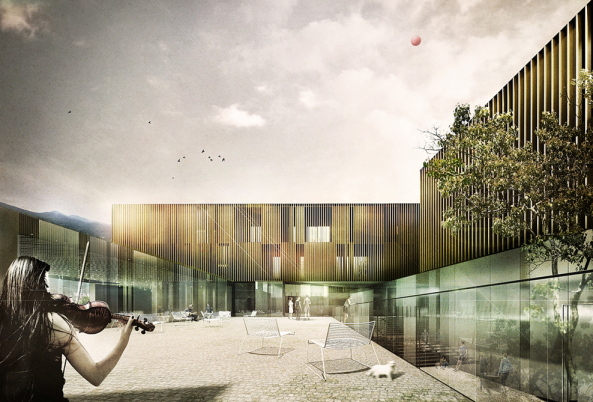 Brixen, Bressanone, Musikschule, Neubau, Carlana Mezzalira Pentimalli, Padova/Treviso, Caramel Architekten, Hinrichs Wilkening Architekten, EM2 Architekten, Vierzueins, CeZ Calderan Zanovelli, Tomas Ghisellini, Aires Mateus, Naturstein, Platzgestaltung, kubisch, cubic, stone fassade, Blserkapelle, brass band, Brgerkapelle,