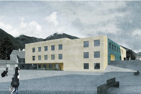 Brixen, Bressanone, Musikschule, Neubau, Carlana Mezzalira Pentimalli, Padova/Treviso, Caramel Architekten, Hinrichs Wilkening Architekten, EM2 Architekten, Vierzueins, CeZ Calderan Zanovelli, Tomas Ghisellini, Aires Mateus, Naturstein, Platzgestaltung, kubisch, cubic, stone fassade, Blserkapelle, brass band, Brgerkapelle,