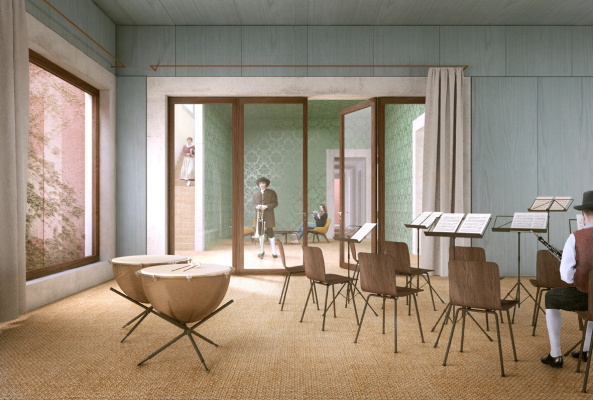 Brixen, Bressanone, Musikschule, Neubau, Carlana Mezzalira Pentimalli, Padova/Treviso, Caramel Architekten, Hinrichs Wilkening Architekten, EM2 Architekten, Vierzueins, CeZ Calderan Zanovelli, Tomas Ghisellini, Aires Mateus, Naturstein, Platzgestaltung, kubisch, cubic, stone fassade, Blserkapelle, brass band, Brgerkapelle,