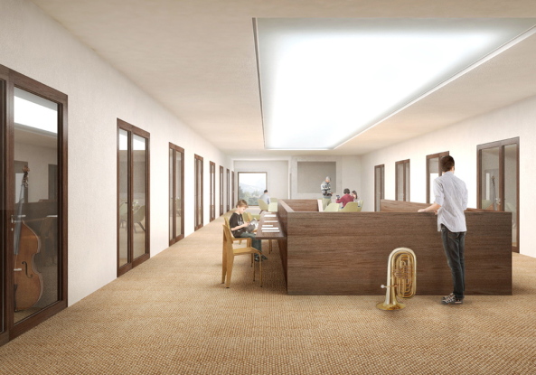 Brixen, Bressanone, Musikschule, Neubau, Carlana Mezzalira Pentimalli, Padova/Treviso, Caramel Architekten, Hinrichs Wilkening Architekten, EM2 Architekten, Vierzueins, CeZ Calderan Zanovelli, Tomas Ghisellini, Aires Mateus, Naturstein, Platzgestaltung, kubisch, cubic, stone fassade, Blserkapelle, brass band, Brgerkapelle,