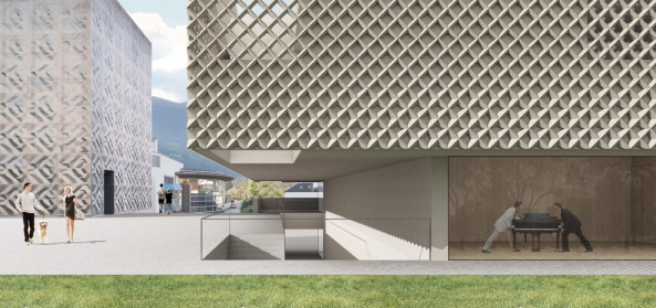 Brixen, Bressanone, Musikschule, Neubau, Carlana Mezzalira Pentimalli, Padova/Treviso, Caramel Architekten, Hinrichs Wilkening Architekten, EM2 Architekten, Vierzueins, CeZ Calderan Zanovelli, Tomas Ghisellini, Aires Mateus, Naturstein, Platzgestaltung, kubisch, cubic, stone fassade, Blserkapelle, brass band, Brgerkapelle,