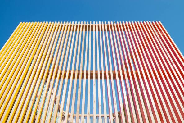 Microsoft Pavilion, Pavillon, pavilion, Sotschi, Sochi, Russia, Russland, Microsoft, Nowadays, Farbe, Fassade, facade, Holz, wood, slat, Lamellen, Olympic games, Olympischer Park, color
