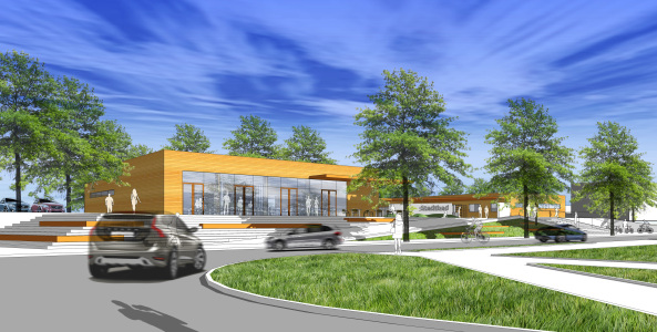 Nauen, Wettbewerb, nps Tchoban Voss, Stadtbad Nauen, Gastronomie, Wellness, Sauna, Schwimmbecken, Sergei Tchoban, gastronomy, Schwimmbad, pool, Multifunktionsraum, Begegnungssttte, Baden, Wasser, water, Becken, Fassade, Holz, wood, facade, Dachkonstruktion, roof, Soziale Stadt