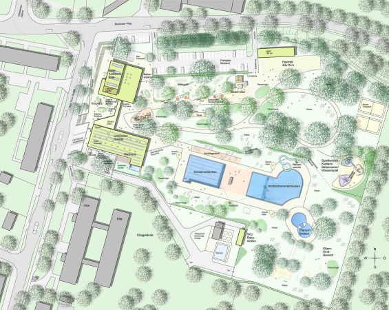 Nauen, Wettbewerb, nps Tchoban Voss, Stadtbad Nauen, Gastronomie, Wellness, Sauna, Schwimmbecken, Sergei Tchoban, gastronomy, Schwimmbad, pool, Multifunktionsraum, Begegnungssttte, Baden, Wasser, water, Becken, Fassade, Holz, wood, facade, Dachkonstruktion, roof, Soziale Stadt