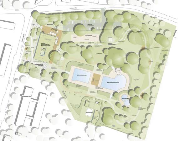 Nauen, Wettbewerb, nps Tchoban Voss, Stadtbad Nauen, Gastronomie, Wellness, Sauna, Schwimmbecken, Sergei Tchoban, gastronomy, Schwimmbad, pool, Multifunktionsraum, Begegnungssttte, Baden, Wasser, water, Becken, Fassade, Holz, wood, facade, Dachkonstruktion, roof, Soziale Stadt