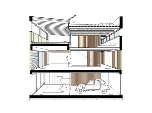 Sau, Taller Darquitectura, House Migdia, Casa, Claudia Galicia, Josep Arisa, Andrs Flajszer, Marta Poch, Mria Surez, Einfamilienhaus, Stadthaus, Neubau, Holz, Beton, Granollers, Spanien, Katalanien, Katalonien, Stadthaus, Townhaus, Catalonia, billig bauen, Intelligentes Glas, Garten, pflegeleichter Garten, cheap construction, Trapezblech