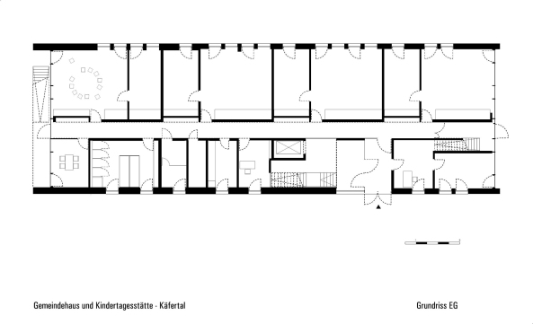 Netzwerkarchitekten, Gemeindehaus, Kindertagessttte, Kita, Kfertal, Mannheim, Satteldach, Dach, roof, pitched roof, Kindergarten, Fassade, facade, harzgetrnktes Papier, Linoleum, Parkett, Stahl, steel