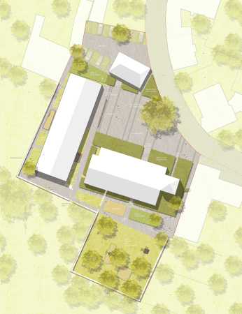 Netzwerkarchitekten, Gemeindehaus, Kindertagessttte, Kita, Kfertal, Mannheim, Satteldach, Dach, roof, pitched roof, Kindergarten, Fassade, facade, harzgetrnktes Papier, Linoleum, Parkett, Stahl, steel