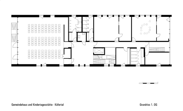Netzwerkarchitekten, Gemeindehaus, Kindertagessttte, Kita, Kfertal, Mannheim, Satteldach, Dach, roof, pitched roof, Kindergarten, Fassade, facade, harzgetrnktes Papier, Linoleum, Parkett, Stahl, steel