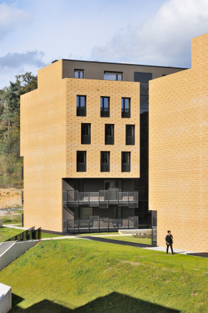 Slowenien, Ljubljana, Brick Neighbourhood, Slovenia, dekleva gregorič architects, housing, Wohnungsbau, Wohnen, Wohnung, Backstein, Ziegelstein, brick, Farbe, Fassade, Gelb, yellow, Balkon, balcony, facade, colour, flat, soziale Interaktion, Gemeinschaftsraum, communal space