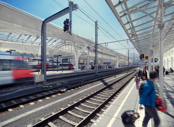 Salzburg Hauptbahnhof, Hauptbahnhof, Salzburg, sterreich, Bahnhof, main railway station, railway, Zug, train, Verkehr, transport, Gleis, rail, kadawittfeldarchitektur, Bahnsteig, Dach, Dachkonstruktion, roof, Mobilitt, mobility, Empfangshalle, Schallmoos, Eingang, Zugang, Radstation, Fahrrad
