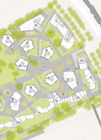 AllesWirdGut, Wettbewerb, Mnchen, Ludlstrae, Neubau, Wohnungsbau, housing, Siedlung, Quartier, Knstlerhaus, Ateliers, GEWOFAG, Bayern, Bavaria, Munich, artist studios, Kindertageszentrum, Wohngemeinschaften, Vorhang, Lrmschutzbebauung, Holz, Platz, wood, balconies, apartments