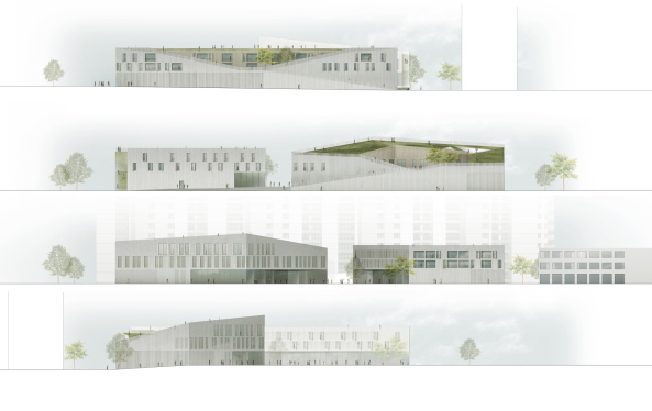 Dachspaziergang, Stadtteilzentrum, Allmann Sattler Wappner Architekten, Wettbewerb, Neubau, Aubing, Mnchen, 2015, competition, result, project, building, new building, community centre, shopping, shops, einkaufen, Zentrum, Paul-Ottman-Zentrum, bogevischs buero, AllesWirdGut Architektur, pmp Architekten, Ott Architekten Partnerschaft, Auer Weber, Maier Neuberger, Frbinger Rossmy, Maisch Wolff Architekten, Dachlandschaft, roof scape, landscape,