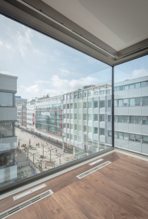 PSD Bank, Bank, Neubau, Saarbrcken, Saarland, Verwaltungsgebude, Wettbwerb, competition, Bayer Strobel, Abriss, Kolonnade, Fassade, facade, Verglasung, Glas, glass, Foyer, atrium, Volker W. Hamann, Mbel