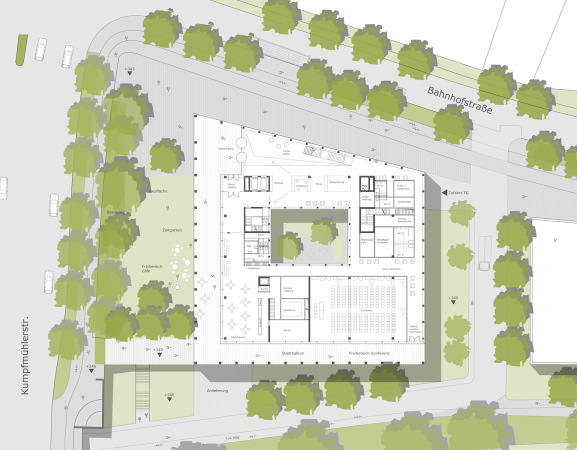 Verlagsgebude, Regensburg, Steidle Architekten, 2015, 93047 Regensburg, Kumpfmhler Strae 15, Neubau, Verwaltungsbau, Verwaltung, office building, administration, Mittelbayerischer Verlag, Block, Building, Newsroom, Bahngleise, Bahnhof, grn, Fassade, Kacheln, Pfeiler, Prallscheibe, Grundrisse, floor plans, stefan müller naumann