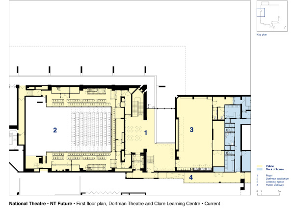 Haworth Tompkins, National Theatre in London, National Theatre, Theatre, Theater, refurbishment, Renovierung, Umbau, Sanierung, Ausbau, Sir Denys Lasdun, England, London, Dorfman Theatre, NT Future, conservation, Denkmalpflege, Themse, Thames, Neubau, Fassade, facade, Glas, glass, Glasfassade, concrete, Beton