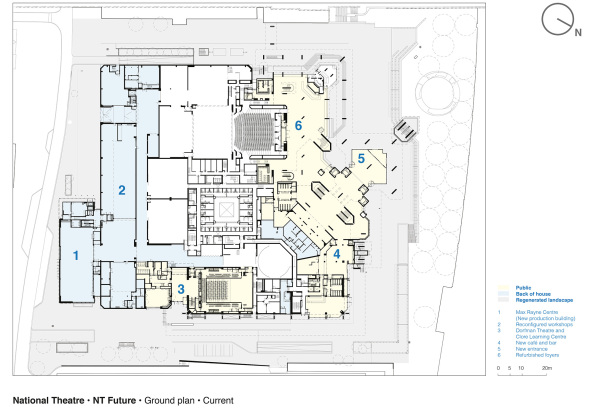 Haworth Tompkins, National Theatre in London, National Theatre, Theatre, Theater, refurbishment, Renovierung, Umbau, Sanierung, Ausbau, Sir Denys Lasdun, England, London, Dorfman Theatre, NT Future, conservation, Denkmalpflege, Themse, Thames, Neubau, Fassade, facade, Glas, glass, Glasfassade, concrete, Beton