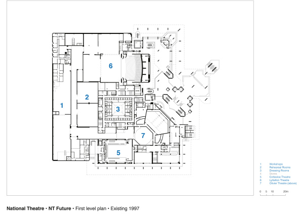 Haworth Tompkins, National Theatre in London, National Theatre, Theatre, Theater, refurbishment, Renovierung, Umbau, Sanierung, Ausbau, Sir Denys Lasdun, England, London, Dorfman Theatre, NT Future, conservation, Denkmalpflege, Themse, Thames, Neubau, Fassade, facade, Glas, glass, Glasfassade, concrete, Beton