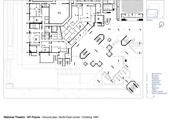 Haworth Tompkins, National Theatre in London, National Theatre, Theatre, Theater, refurbishment, Renovierung, Umbau, Sanierung, Ausbau, Sir Denys Lasdun, England, London, Dorfman Theatre, NT Future, conservation, Denkmalpflege, Themse, Thames, Neubau, Fassade, facade, Glas, glass, Glasfassade, concrete, Beton
