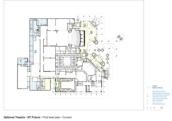 Haworth Tompkins, National Theatre in London, National Theatre, Theatre, Theater, refurbishment, Renovierung, Umbau, Sanierung, Ausbau, Sir Denys Lasdun, England, London, Dorfman Theatre, NT Future, conservation, Denkmalpflege, Themse, Thames, Neubau, Fassade, facade, Glas, glass, Glasfassade, concrete, Beton